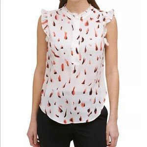 DKNY Printed ruffled sleeveless blouse